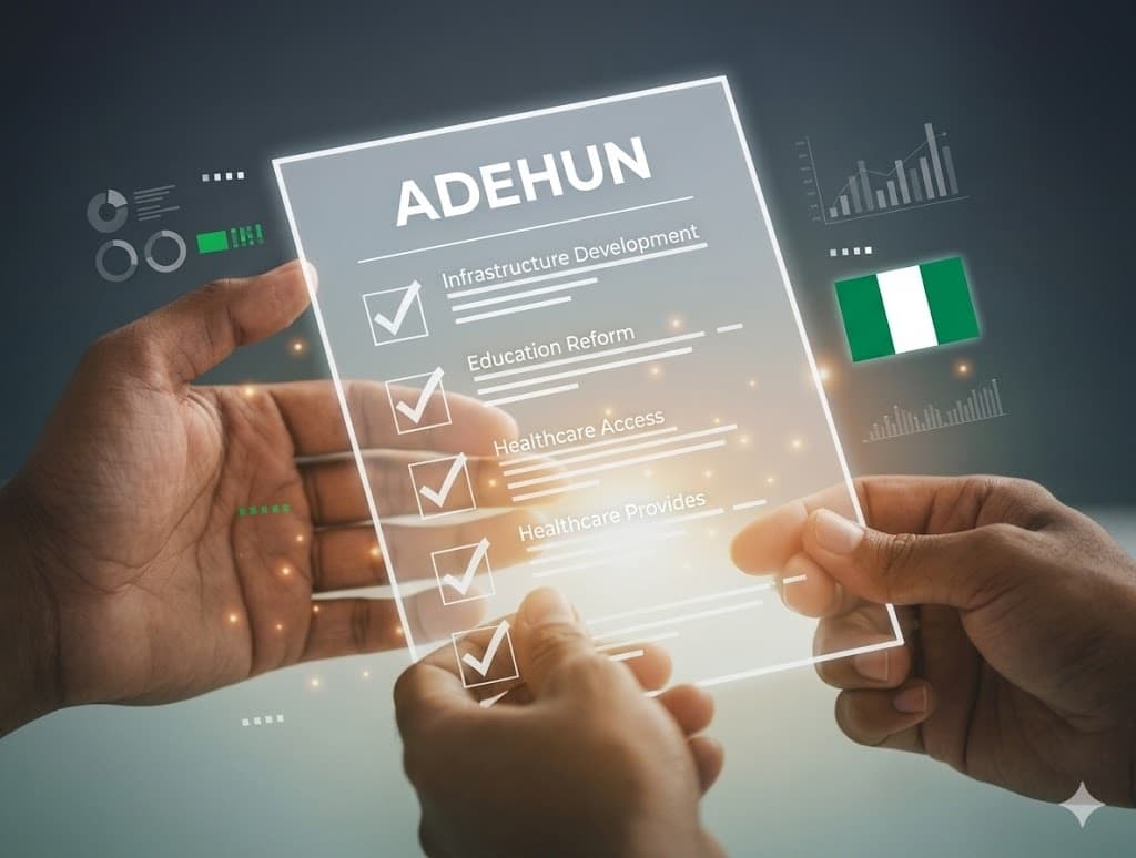ÀDÉHÙN Electoral Accountability - Hands holding a document symbolizing tracked political promises and transparent governance